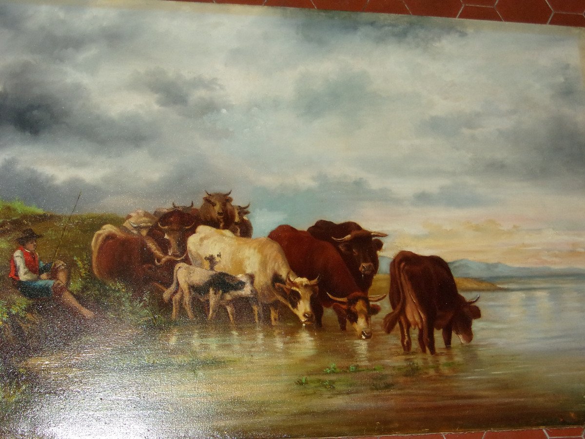 Scene Of A Herd Of Cows Drinking, 19th Century Painting.-photo-3