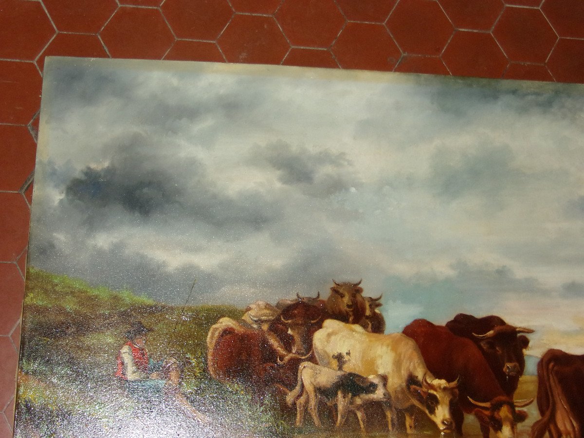 Scene Of A Herd Of Cows Drinking, 19th Century Painting.-photo-1