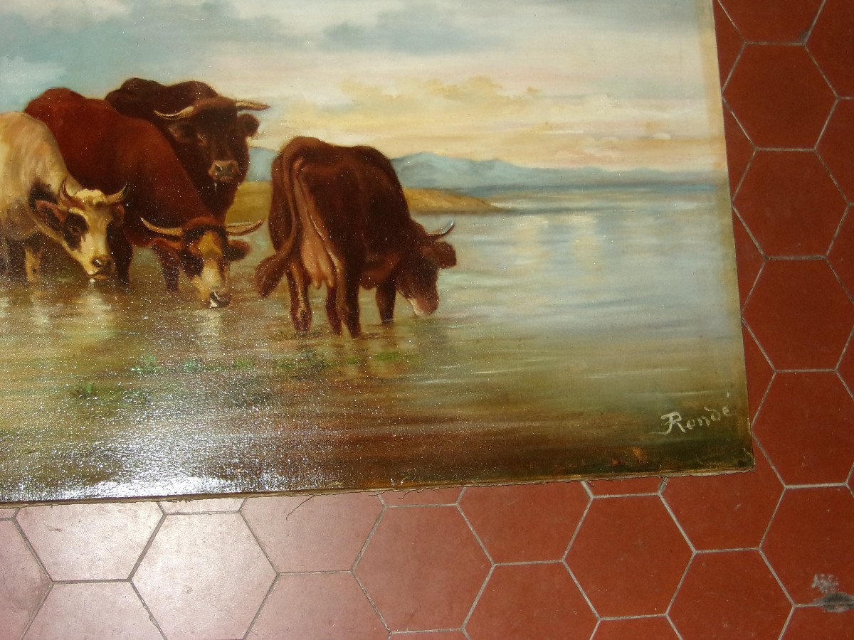 Scene Of A Herd Of Cows Drinking, 19th Century Painting.-photo-3