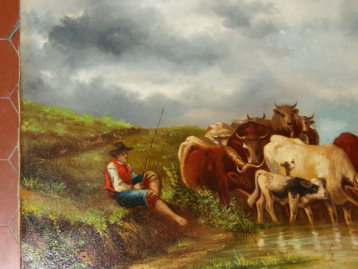 Scene Of A Herd Of Cows Drinking, 19th Century Painting.-photo-4