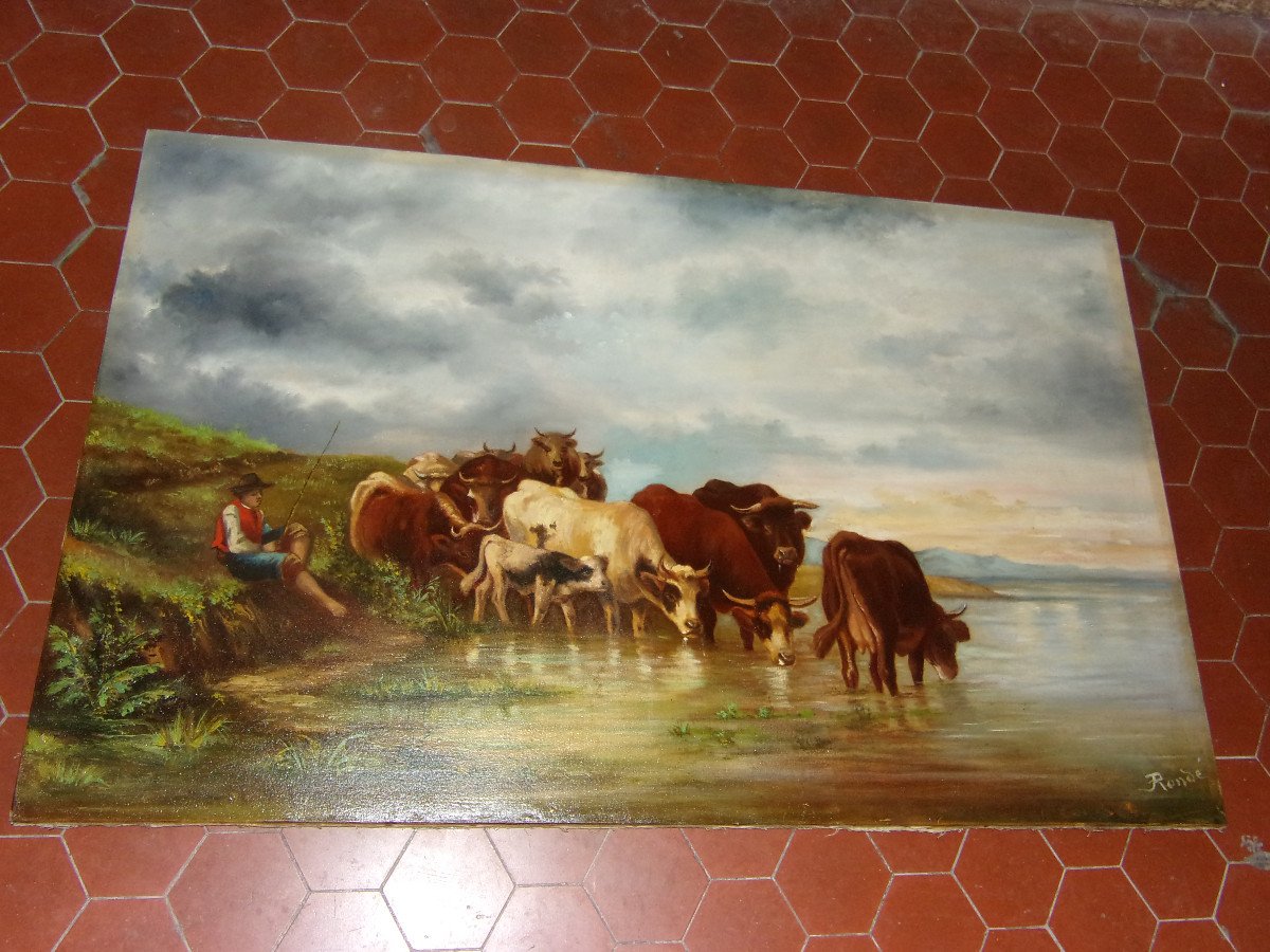 Scene Of A Herd Of Cows Drinking, 19th Century Painting.