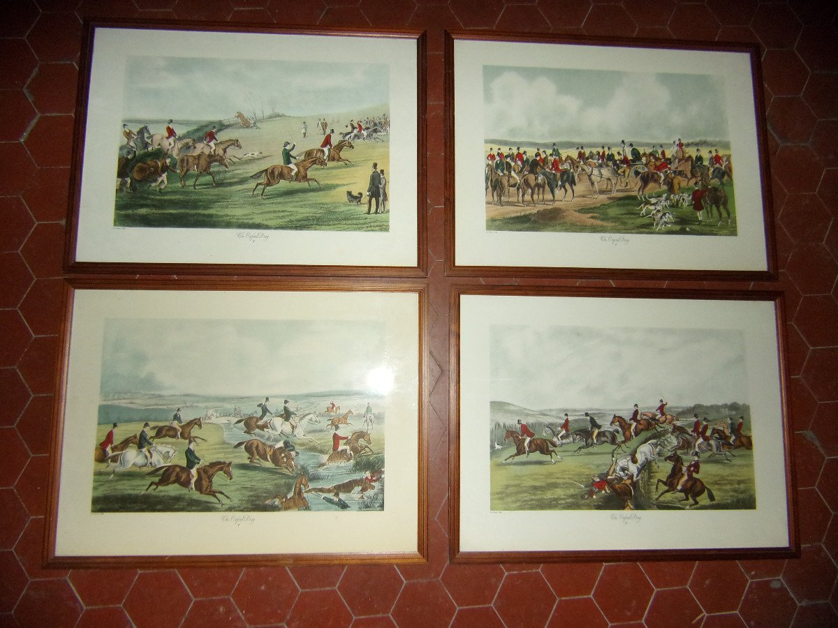 Hunting, Set Of 4 English Engravings, 20th Century.