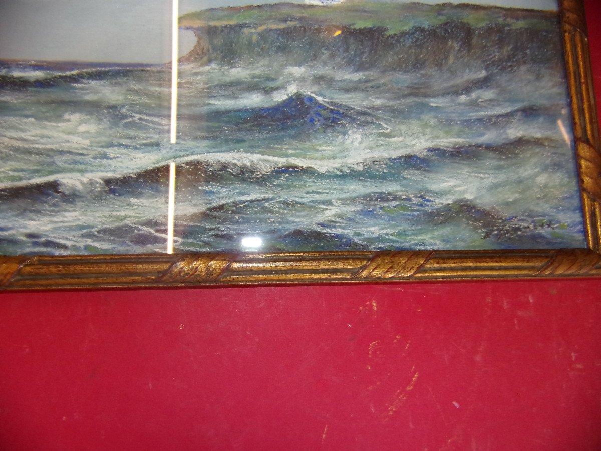 Bord De  l'Océan ( Normandie), Pastel d'Eugène Sénamaux, époque 20 ème.-photo-2