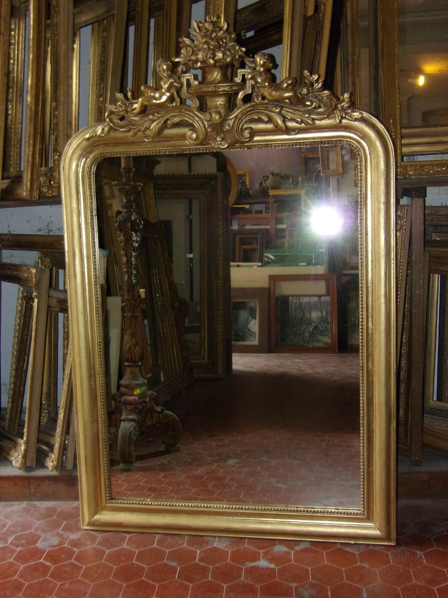 Miroir Louis Philippe, Avec Chérubins,  époque 19ème, En Bois Doré.