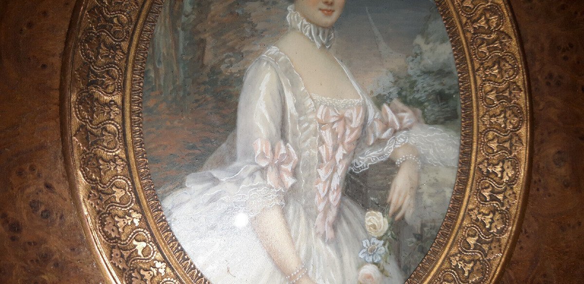 Jeune Femme Aux Roses, Grande Miniature époque 19ème.-photo-4