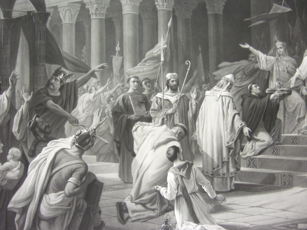 Charlemagne Proclamé Empereur, Grande Gravure époque 19ème.-photo-2