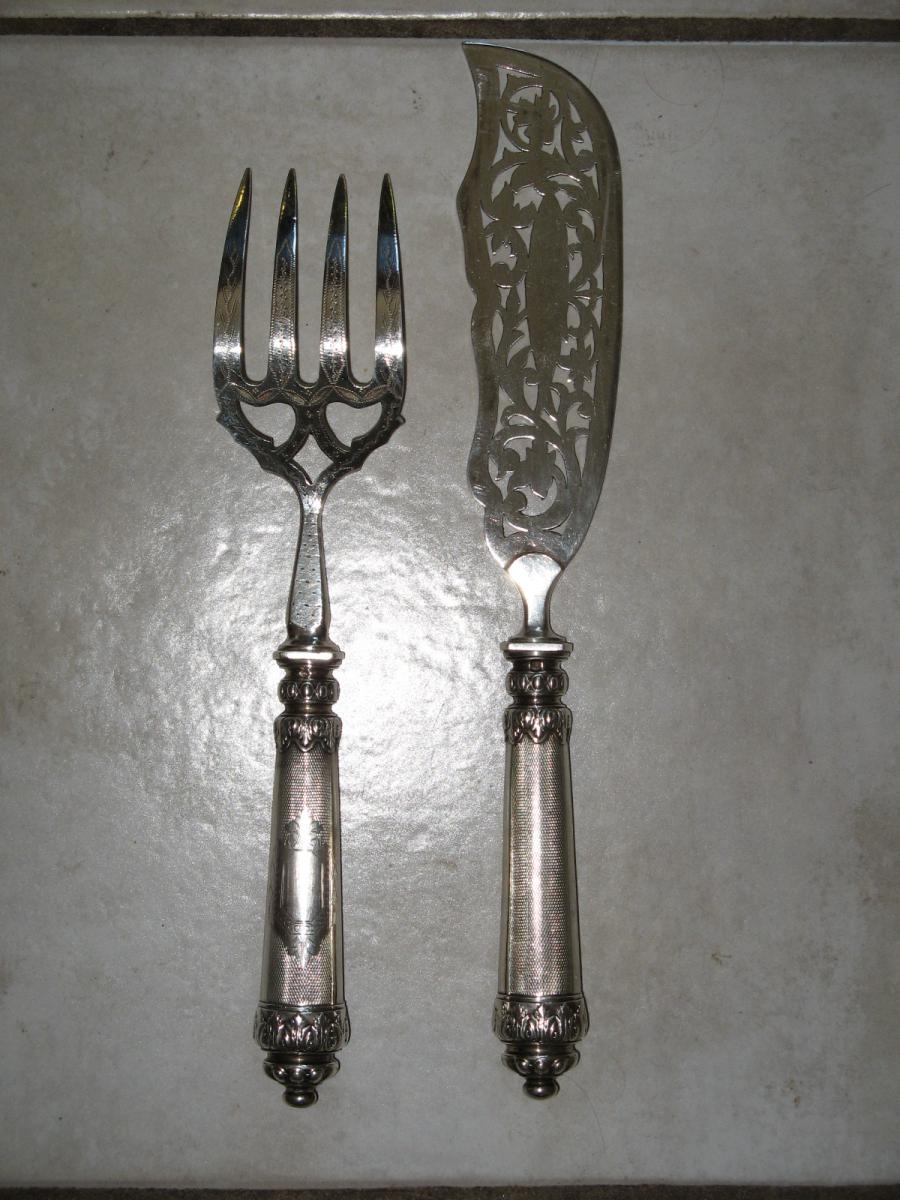 Fish Knife With Fork In Silver, 19th.-photo-2