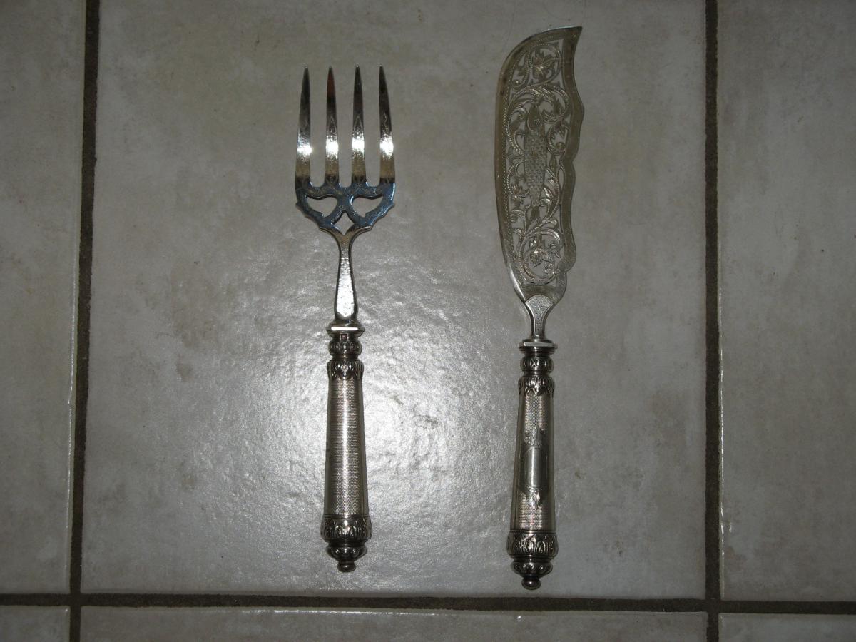 Couteau à Poisson Avec Fourchette En Argent, 19ème.-photo-6