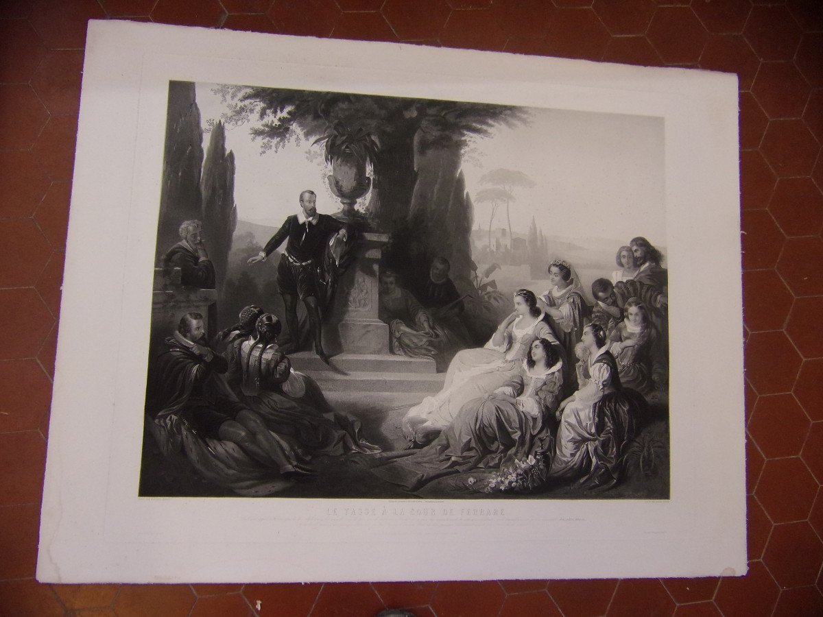 Le Tasse  ( Poète, écrivain ) à La Cour De Ferrare, Grande Gravure époque 19 ème.