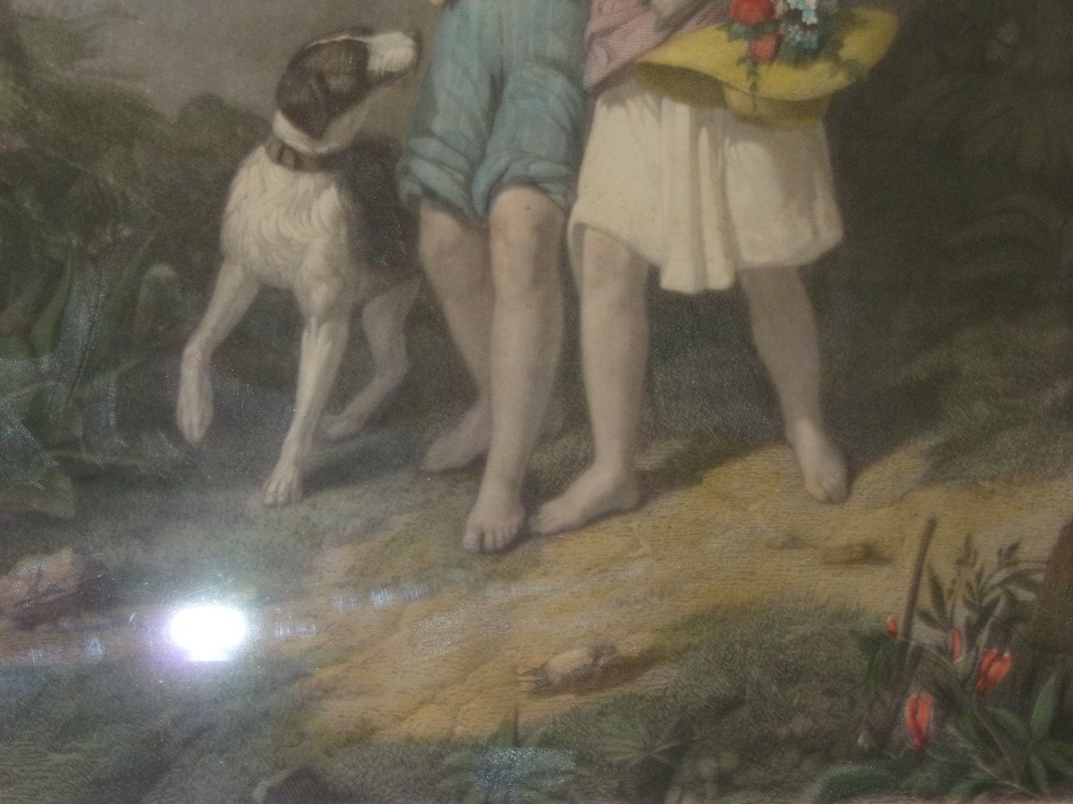 Paul And Virginie, "the Downpour", 19th Century Engraving.-photo-2
