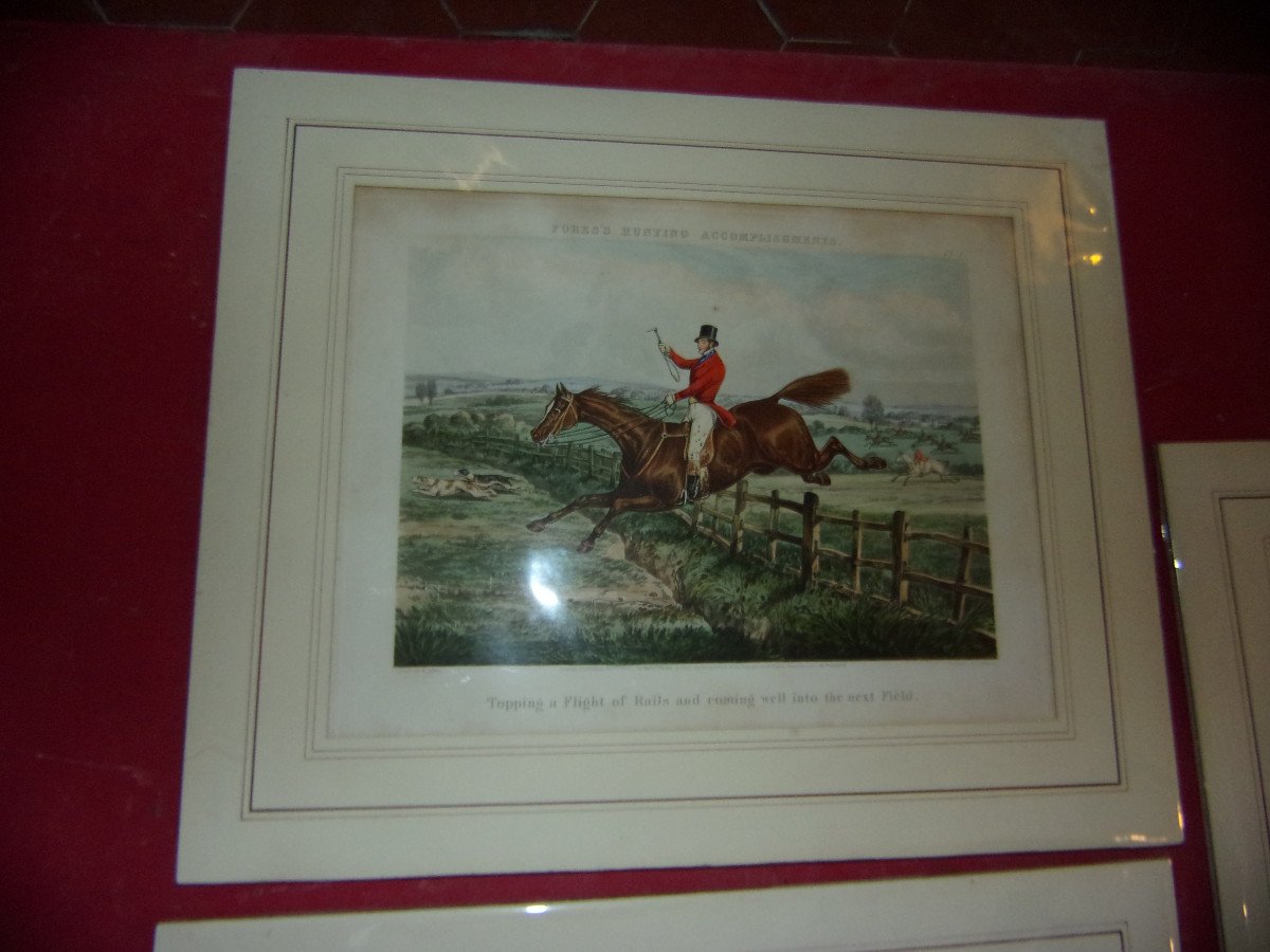Lot Of 3 English Engravings, Hunting With Foxes, 19th Century.-photo-2