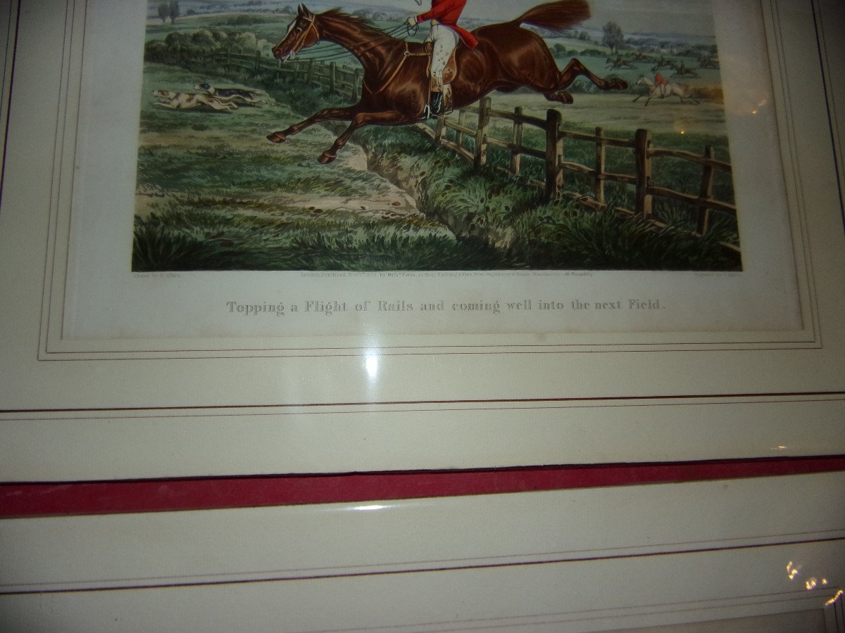 Lot Of 3 English Engravings, Hunting With Foxes, 19th Century.-photo-3