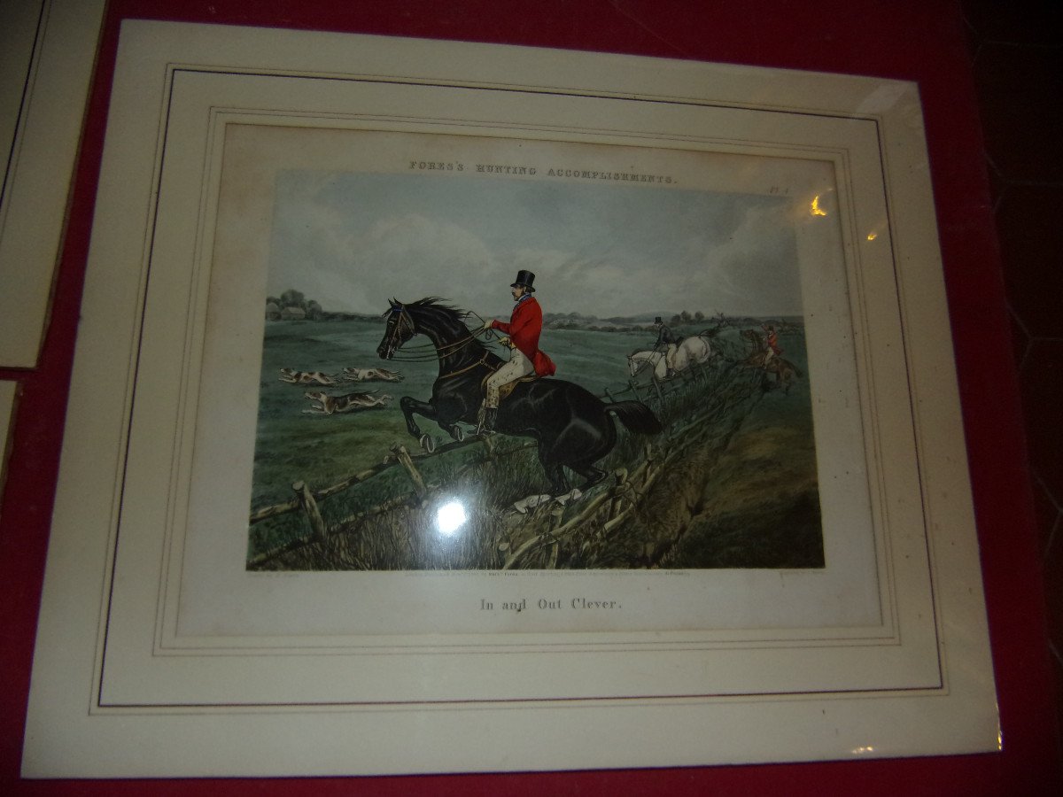 Lot Of 3 English Engravings, Hunting With Foxes, 19th Century.-photo-2