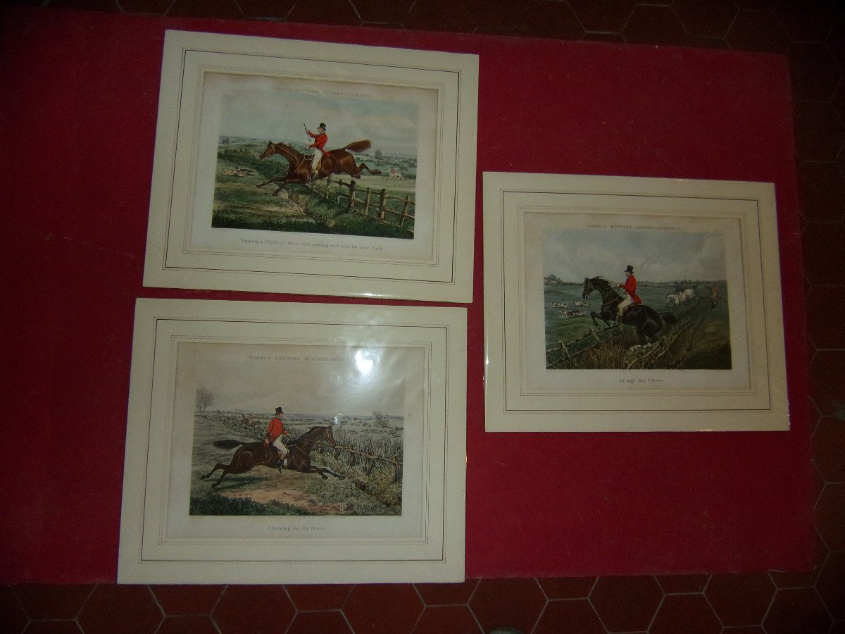 Lot Of 3 English Engravings, Hunting With Foxes, 19th Century.