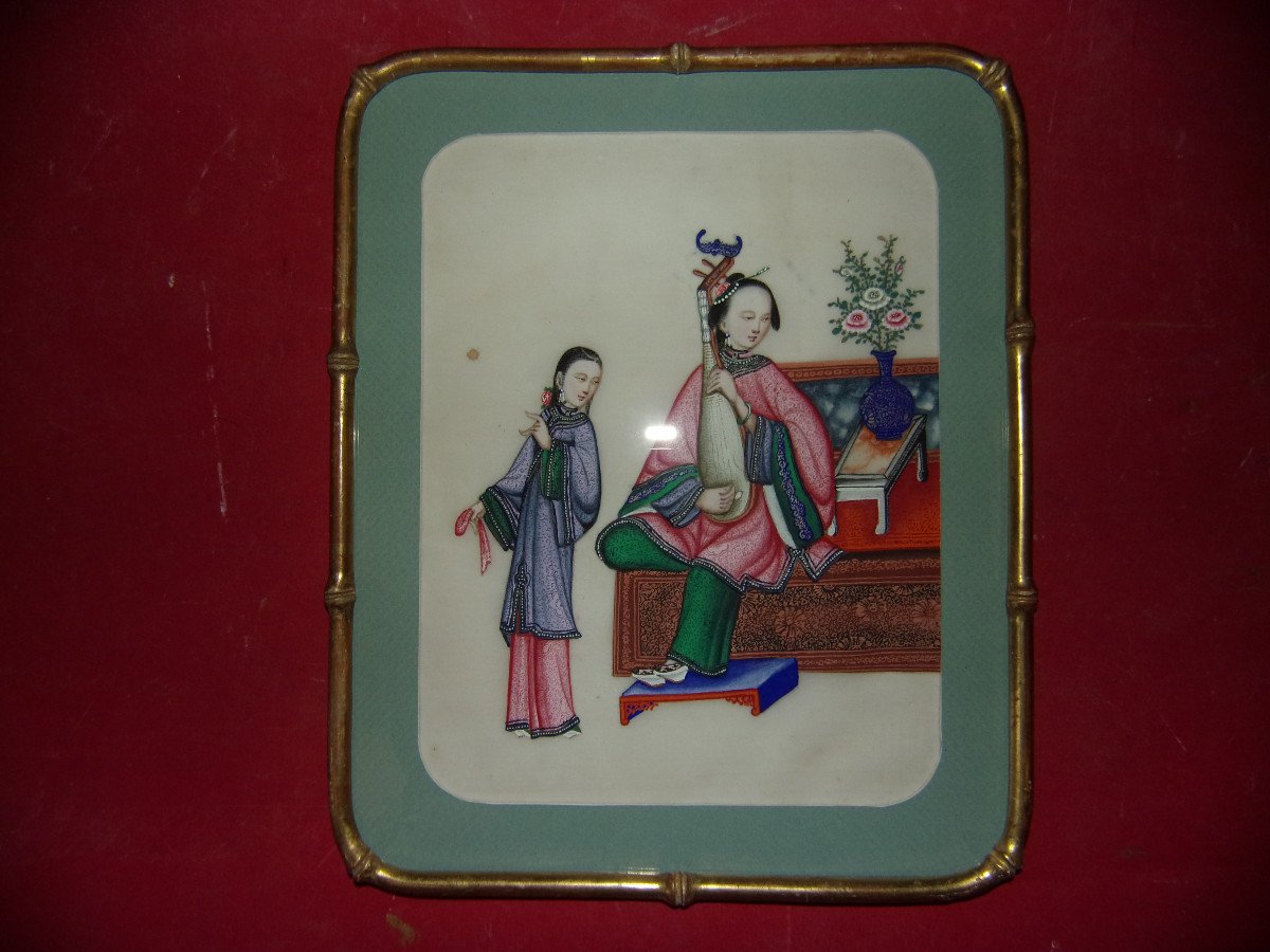 Jeune Femme Jouant Du Pipa, Dessin Sur Papier De Riz, époque 19ème.