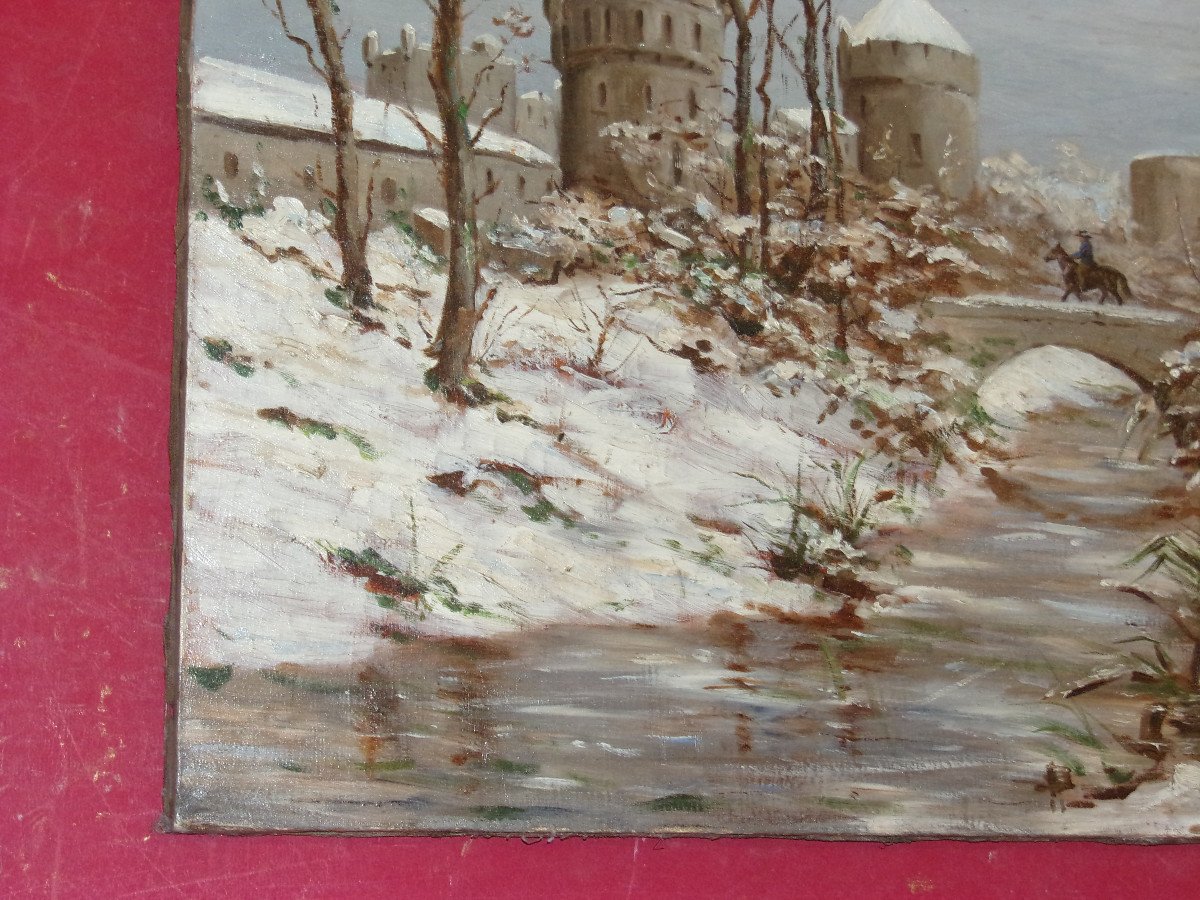 Entrance To A Fortified Town Under The Snow, With Horseman, 19th Century Painting.-photo-4