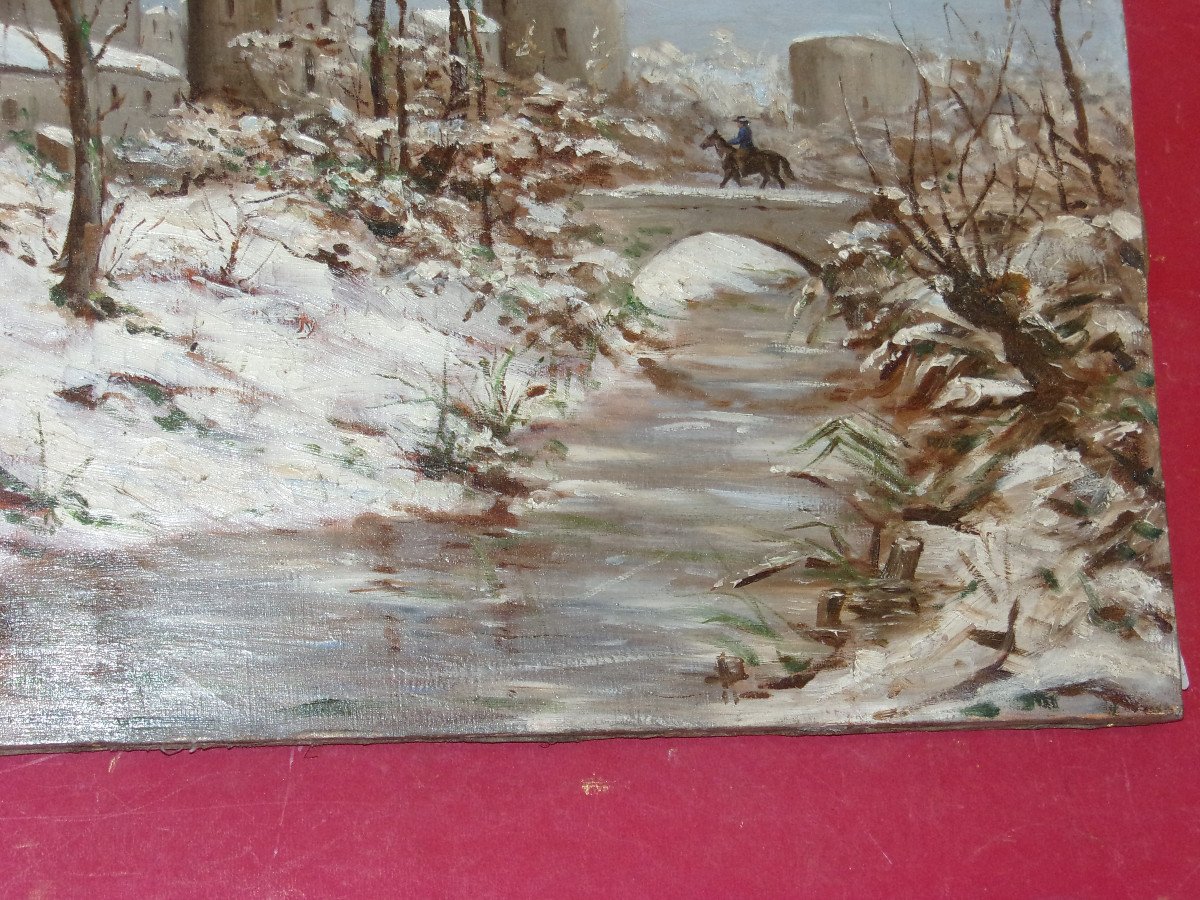 Entrance To A Fortified Town Under The Snow, With Horseman, 19th Century Painting.-photo-1