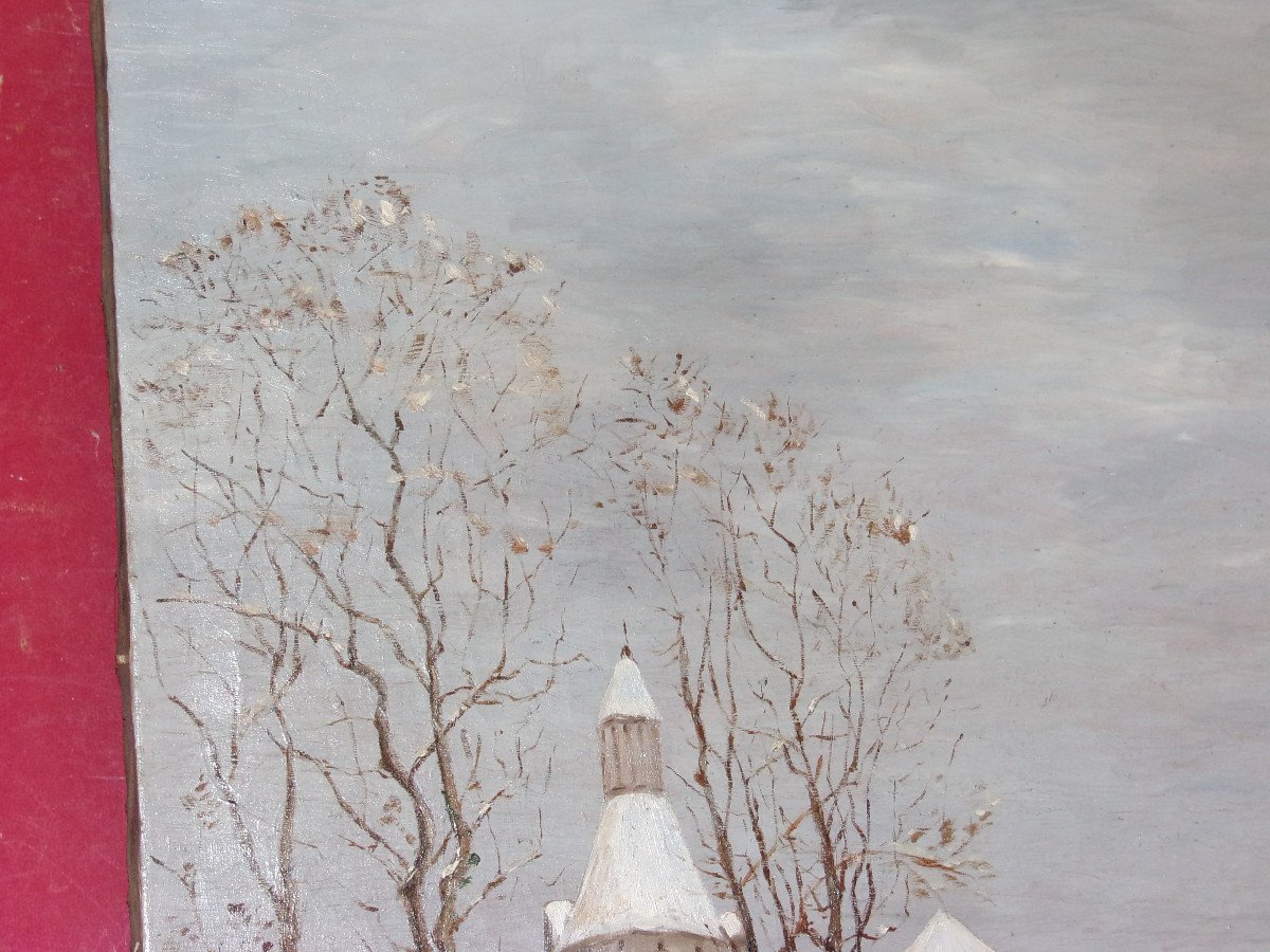 Entrance To A Fortified Town Under The Snow, With Horseman, 19th Century Painting.-photo-2