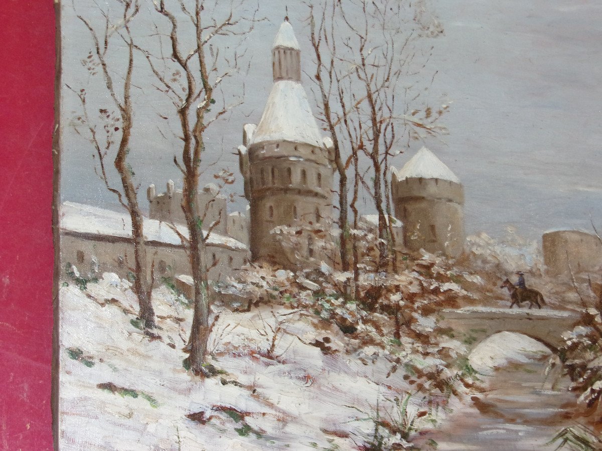 Entrance To A Fortified Town Under The Snow, With Horseman, 19th Century Painting.-photo-3