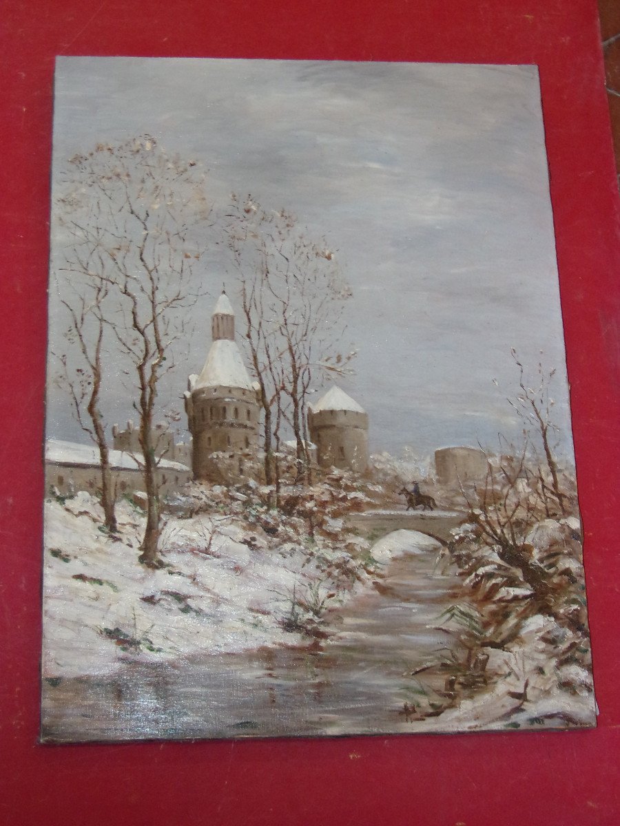 Entrance To A Fortified Town Under The Snow, With Horseman, 19th Century Painting.
