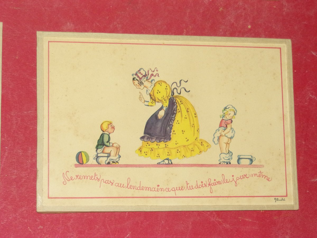 Stencils Signed Jeanne Duché, Childish Humorous Scenes, Early 20th Century, Art Deco.-photo-1