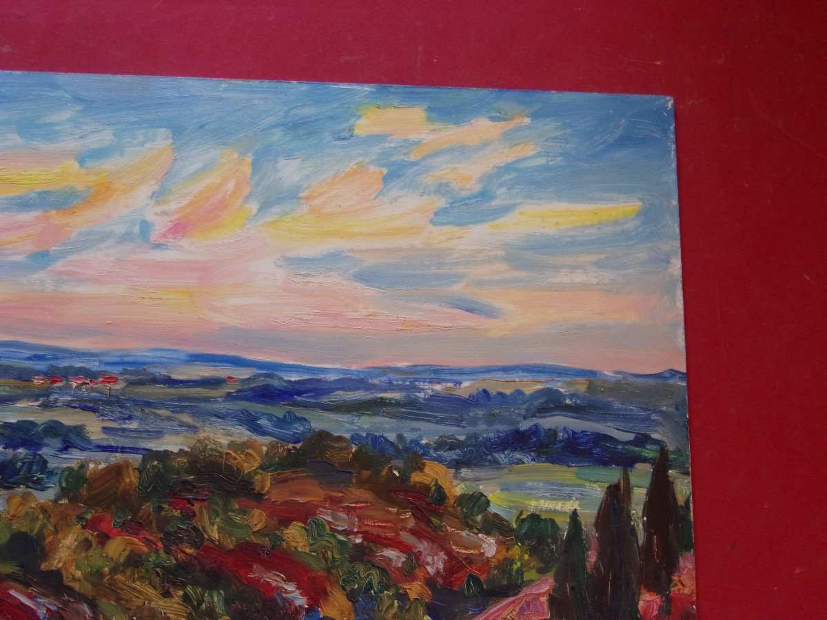 " Paysage Aux Bruyères" , Huile Sur Panneau époque 20 ème d'Aimé Vallat.-photo-3