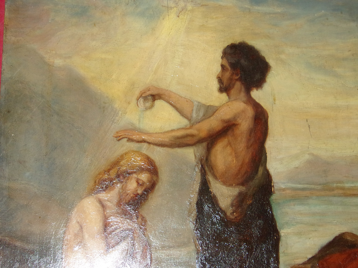 Saint John The Baptist Baptizing Christ, 19th Century Painting.-photo-2