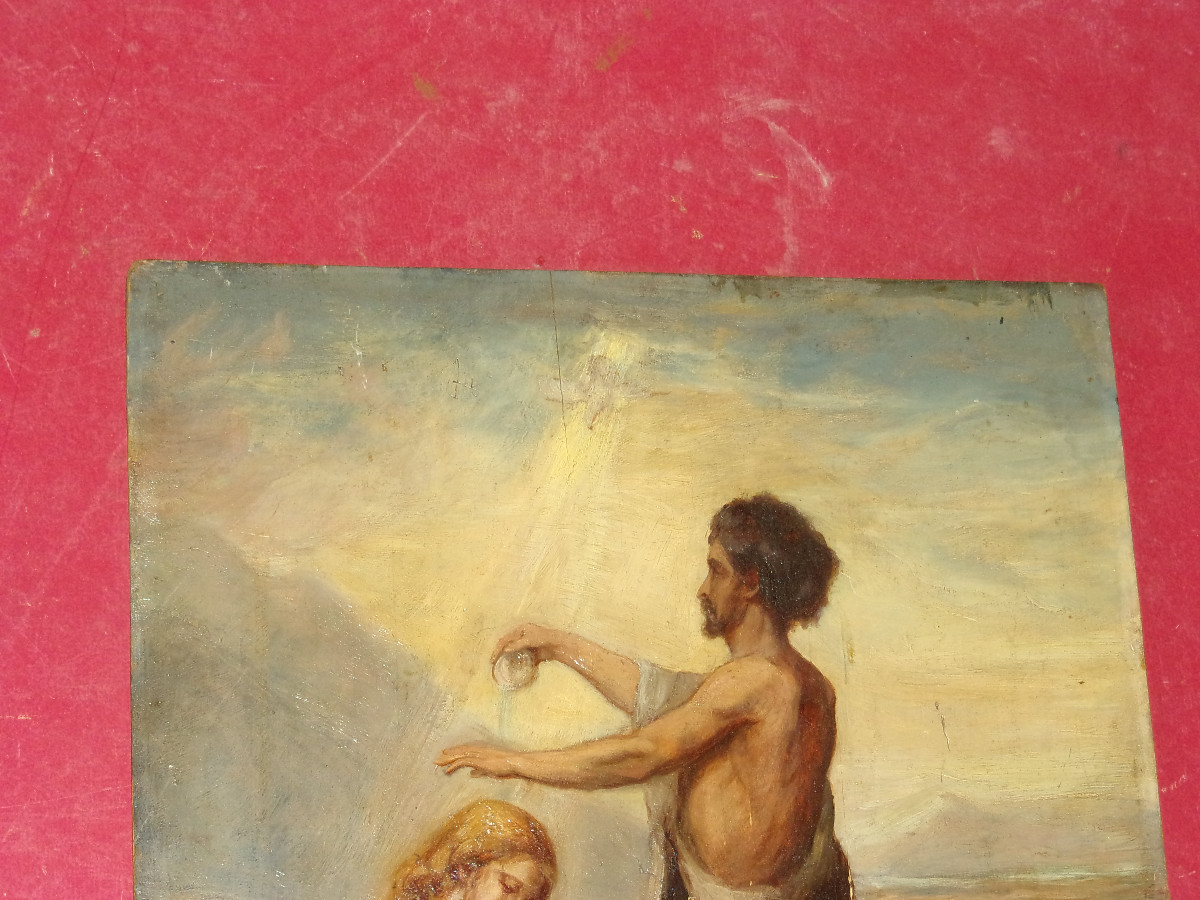 Saint John The Baptist Baptizing Christ, 19th Century Painting.-photo-2