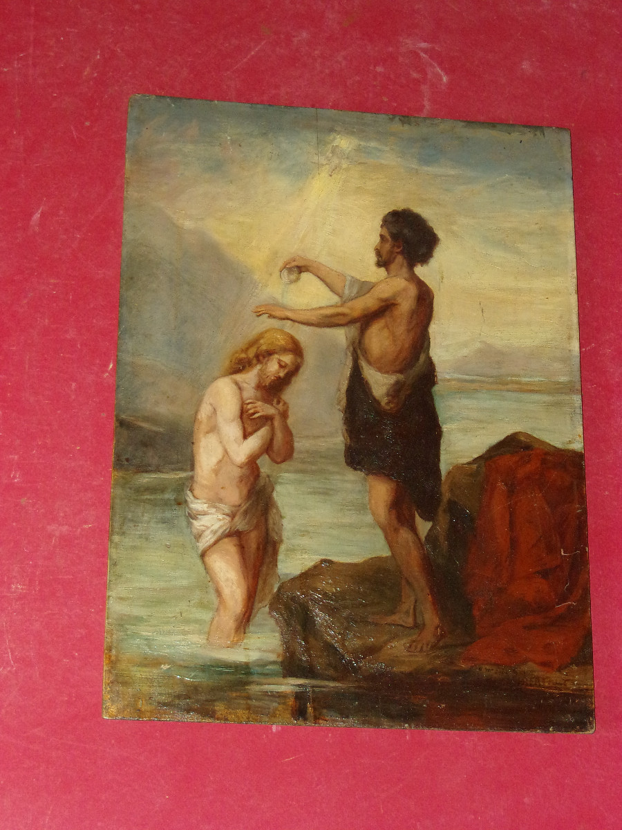 Saint John The Baptist Baptizing Christ, 19th Century Painting.