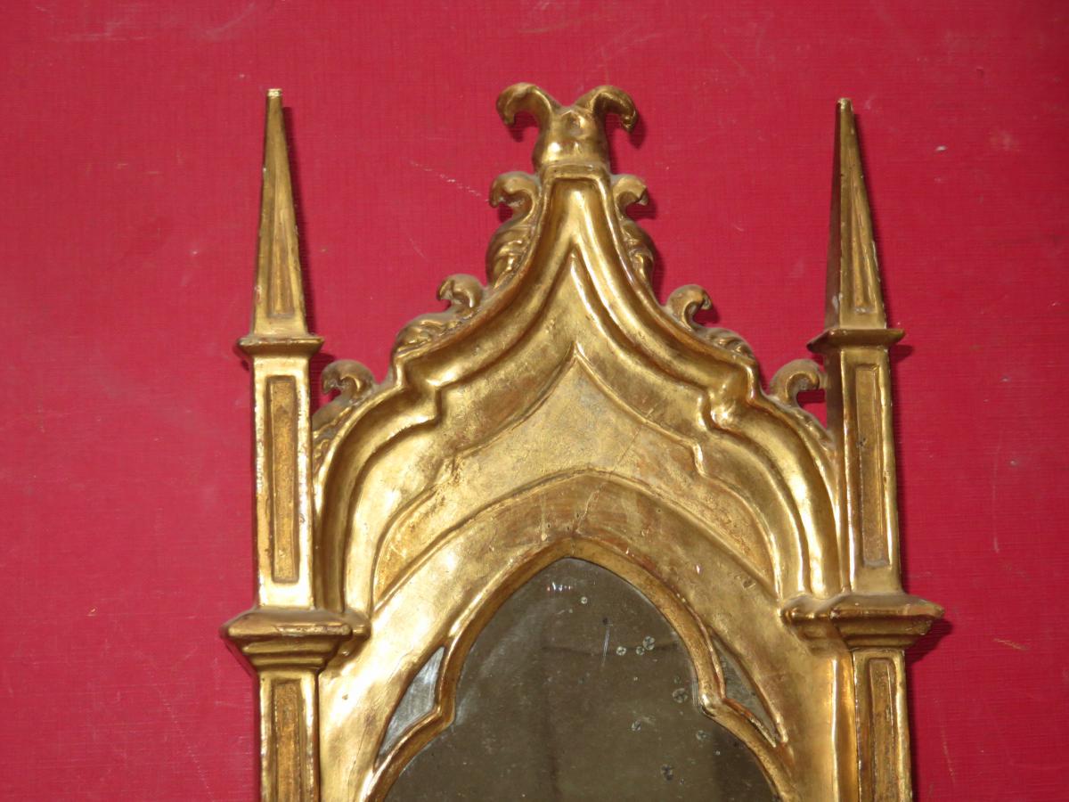 Miroir De Forme Cathédrale, En Bois Doré, époque 19ème.-photo-3