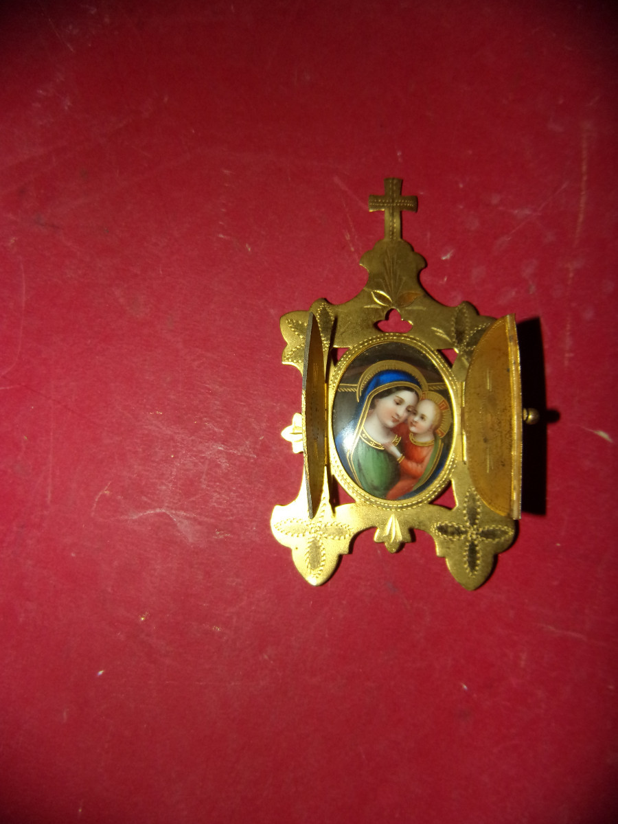  Oratoire en cuivre, Vierge à l'enfant, porcelaine, époque 19ème.-photo-2