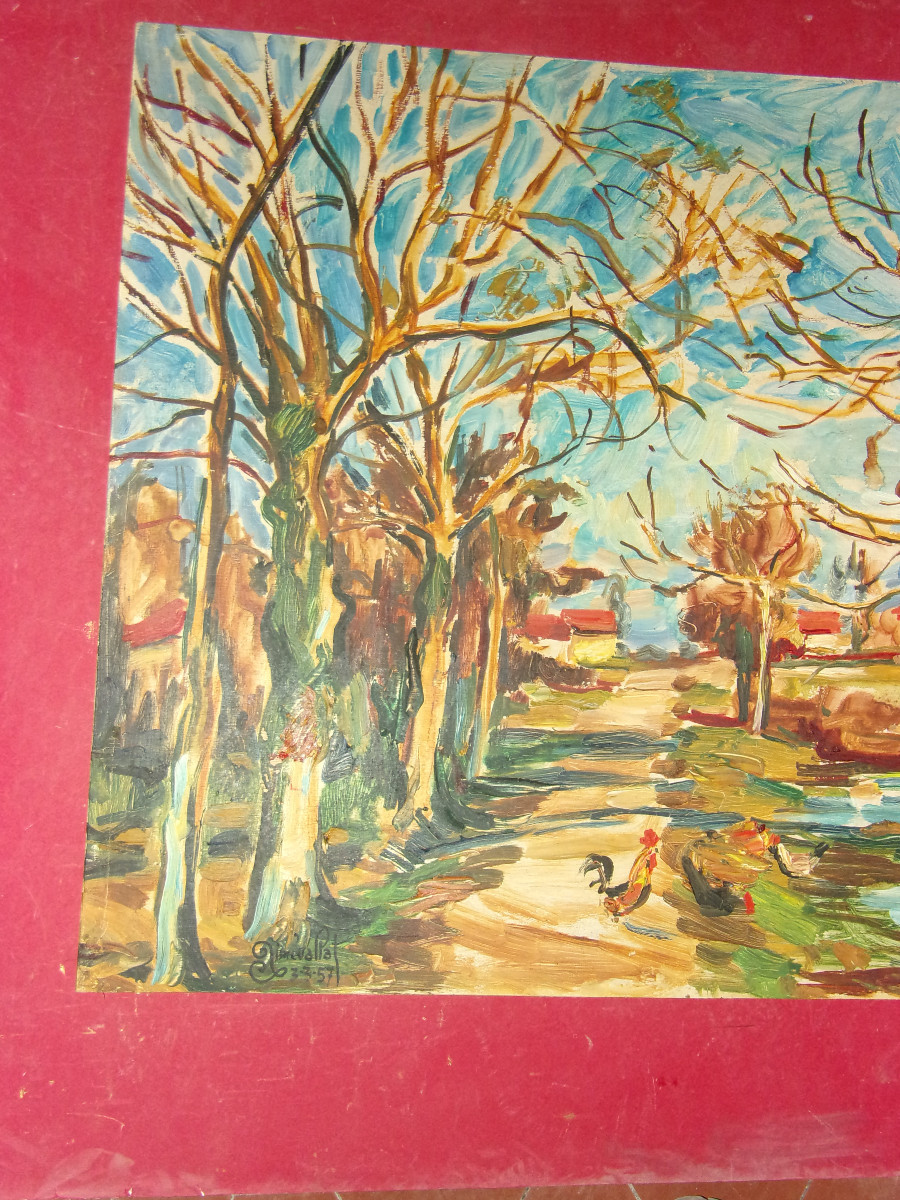 Paysage aux Volailles,  grand tableau d'Aimet Vallat époque 20 ème.-photo-2