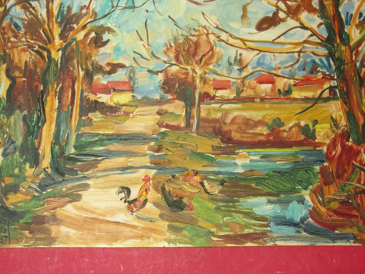 Paysage aux Volailles,  grand tableau d'Aimet Vallat époque 20 ème.-photo-2