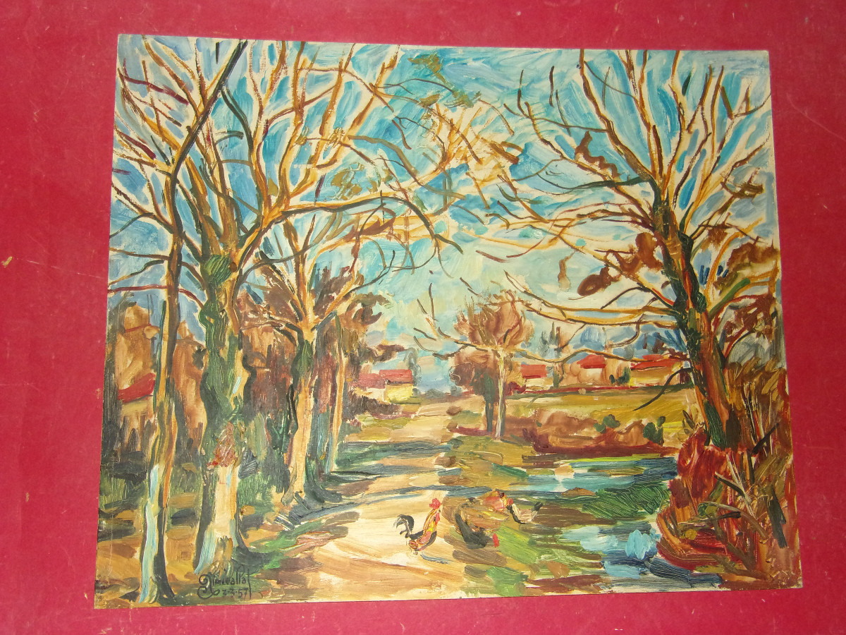 Paysage aux Volailles,  grand tableau d'Aimet Vallat époque 20 ème.