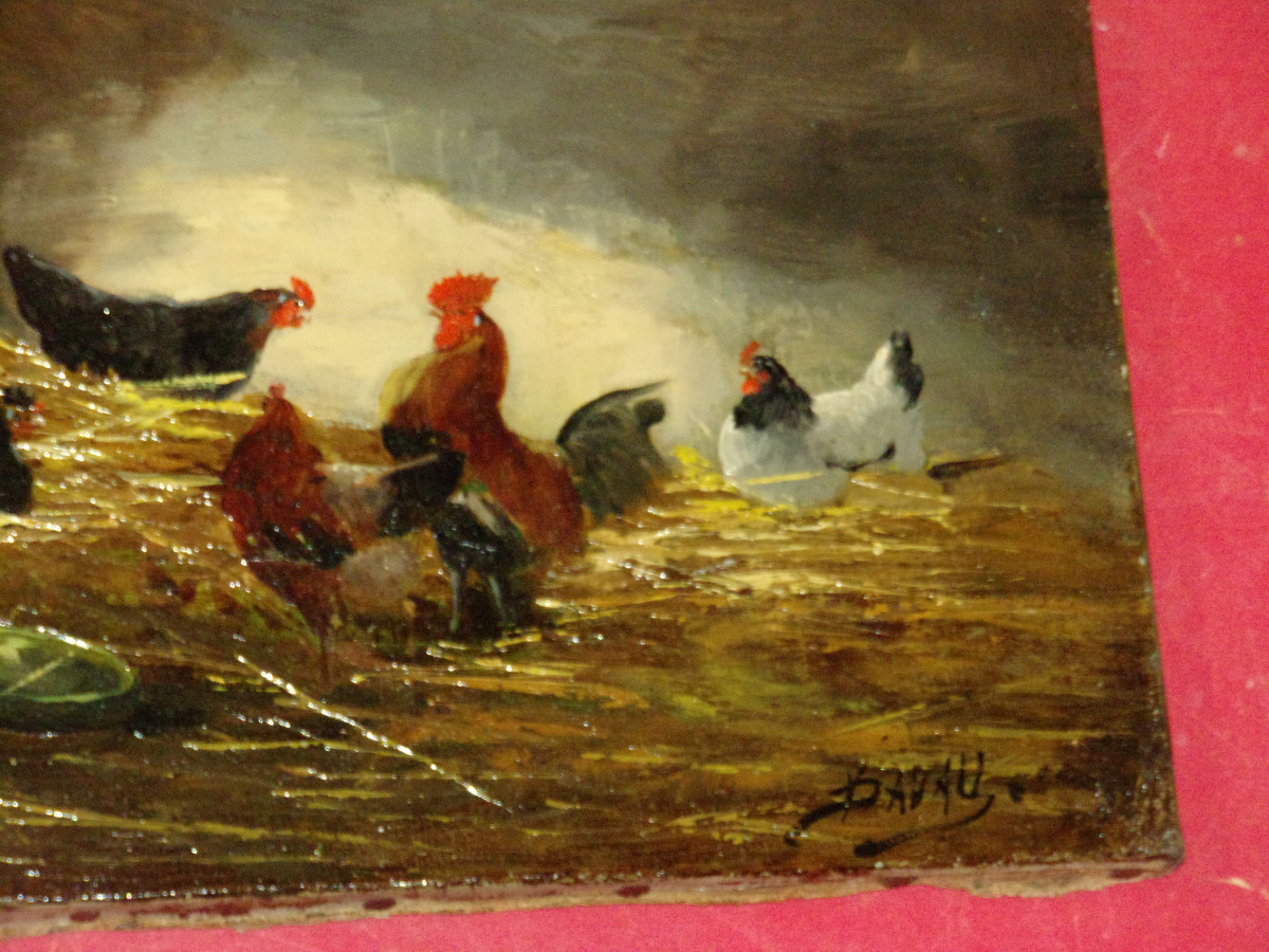 Scène de Basse-cour, huile sur toile époque 19ème.-photo-2