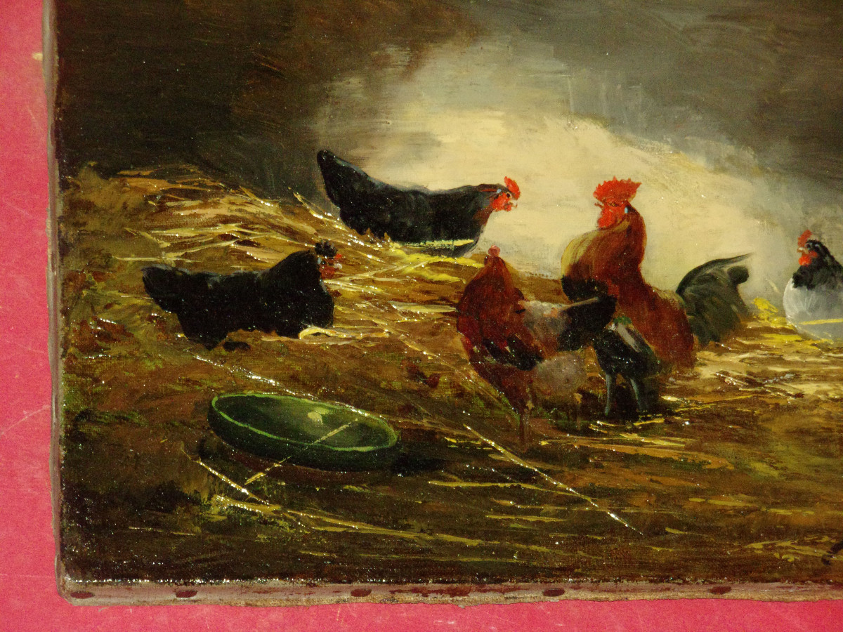 Scène de Basse-cour, huile sur toile époque 19ème.-photo-3