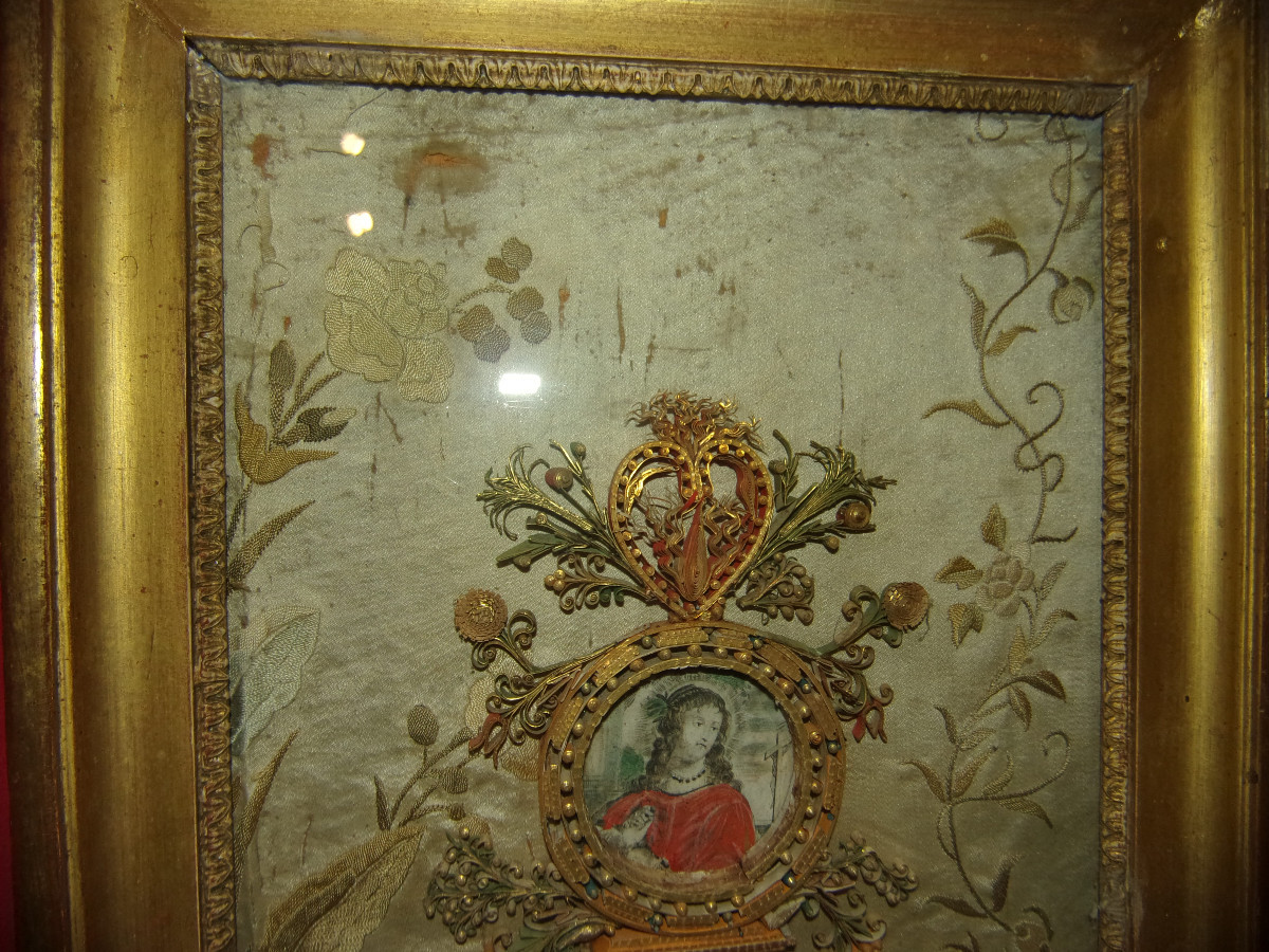 Tableau de couvent en Paperolles; Médaillon de Saint, époque fin 18ème.-photo-3