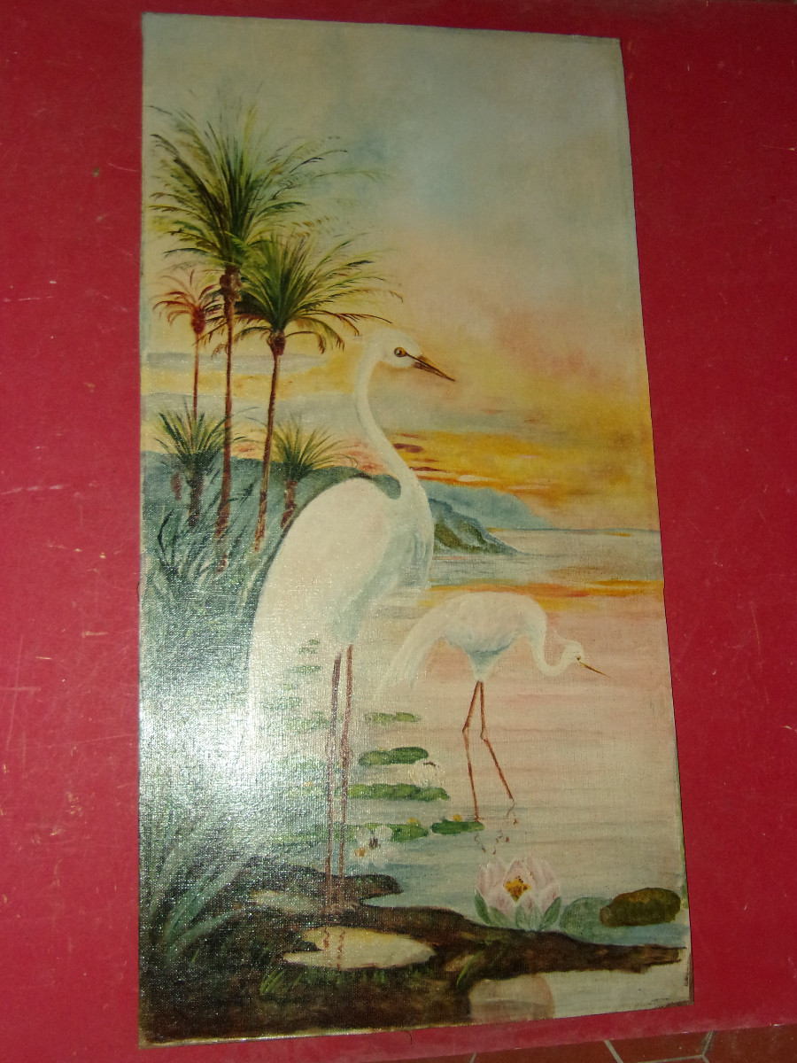 Paire de tableaux,  Aigrettes et Cygnes, époque, 20 ème,  art nouveau.-photo-3