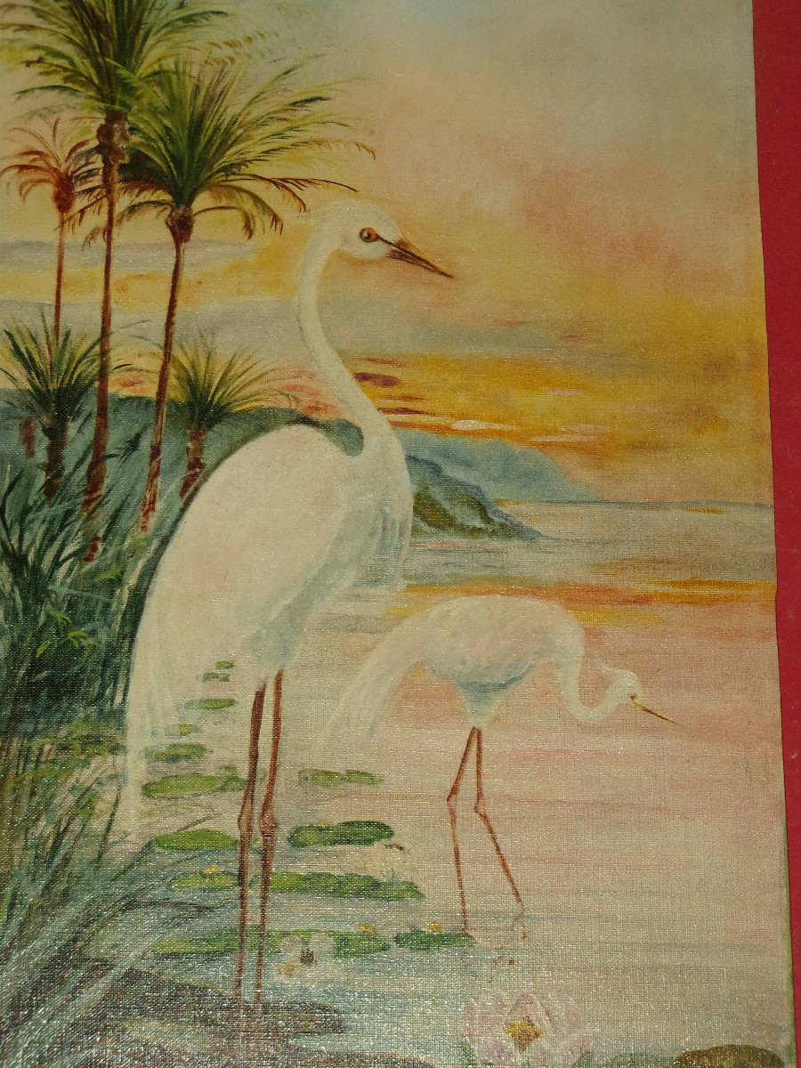 Paire de tableaux,  Aigrettes et Cygnes, époque, 20 ème,  art nouveau.-photo-4