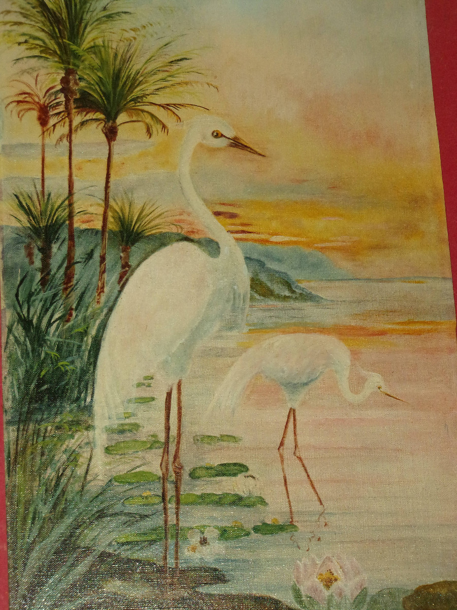 Paire de tableaux,  Aigrettes et Cygnes, époque, 20 ème,  art nouveau.-photo-1