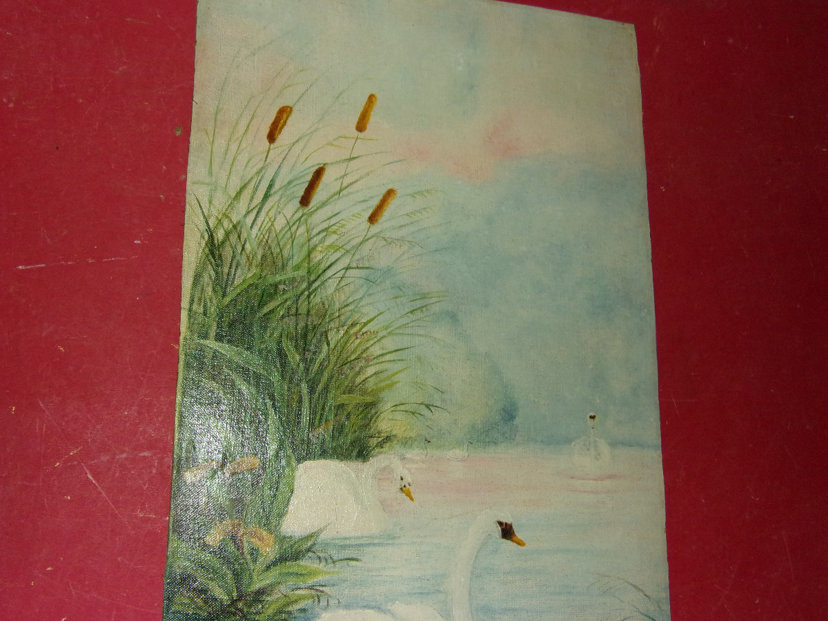 Paire de tableaux,  Aigrettes et Cygnes, époque, 20 ème,  art nouveau.-photo-6