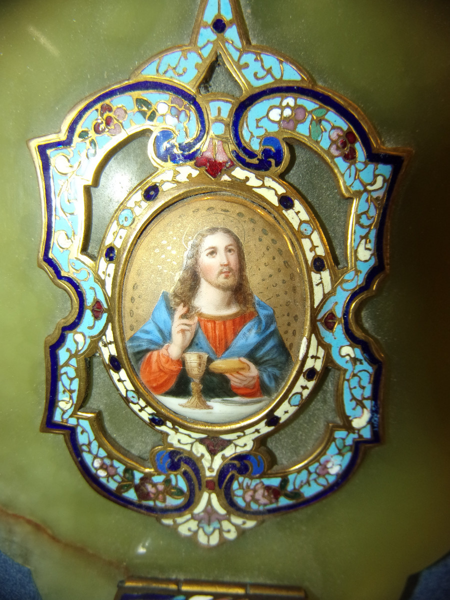 Bénitier mural en marbre et émail cloisonné, époque fin 19ème.-photo-3