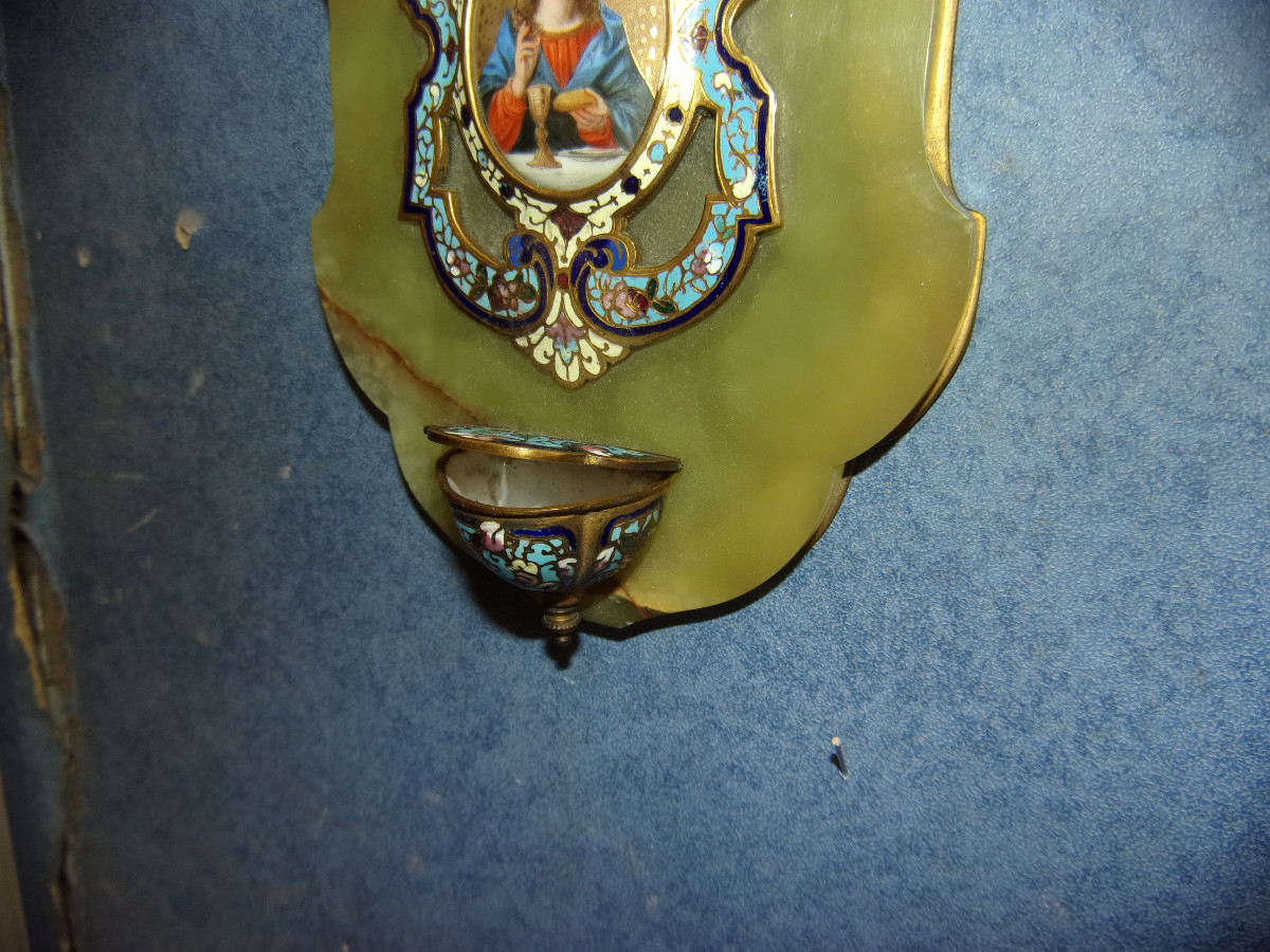 Bénitier mural en marbre et émail cloisonné, époque fin 19ème.-photo-1