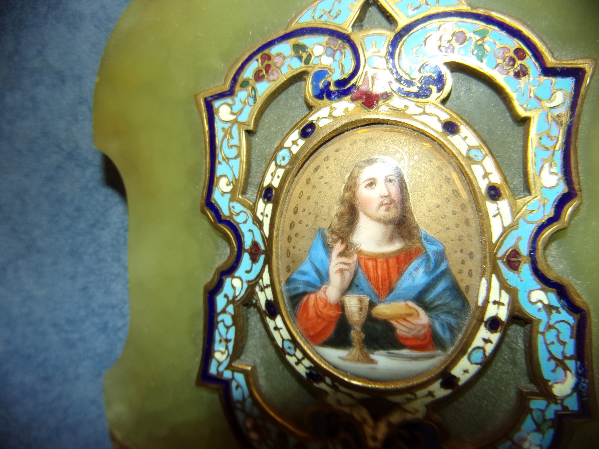 Bénitier mural en marbre et émail cloisonné, époque fin 19ème.-photo-2