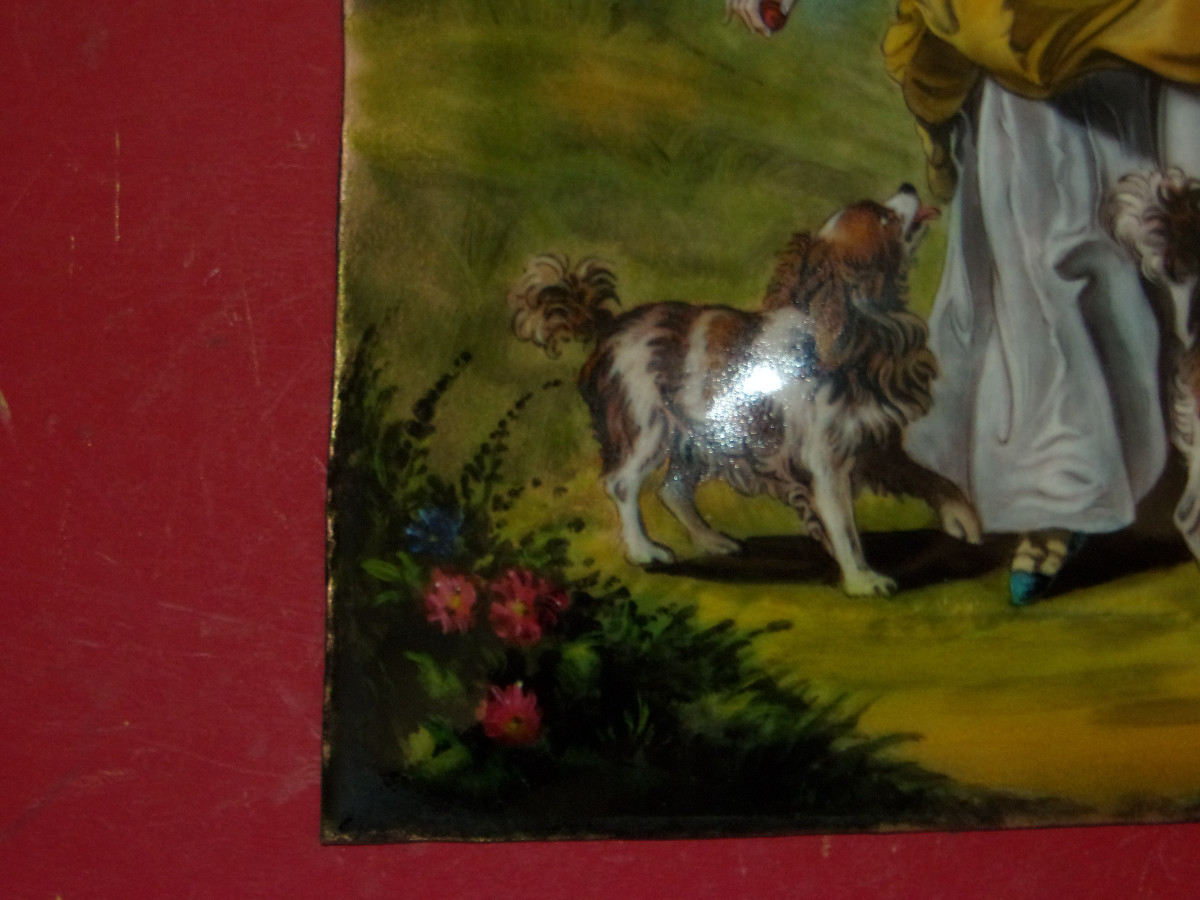 Young Girl With Her Dogs, Large Limoges Email, 20th Century.-photo-3