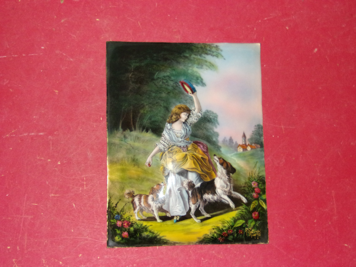 Young Girl With Her Dogs, Large Limoges Email, 20th Century.