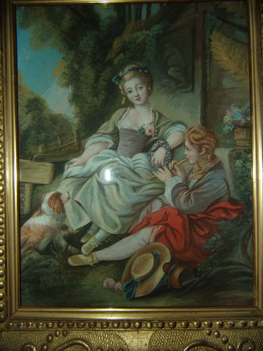 "young Flautist And Damsel With A Small Dog", Watercolor, Late 18th Century.-photo-2