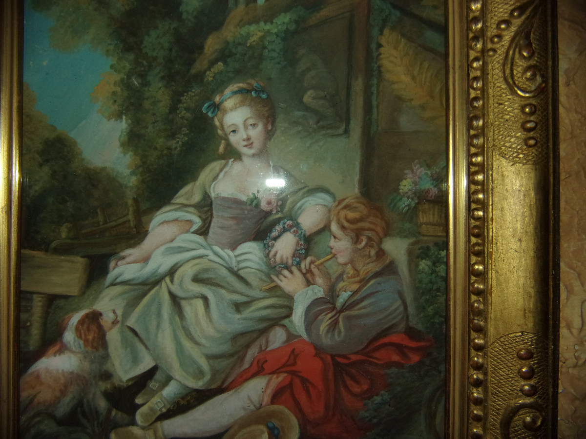 "young Flautist And Damsel With A Small Dog", Watercolor, Late 18th Century.-photo-3