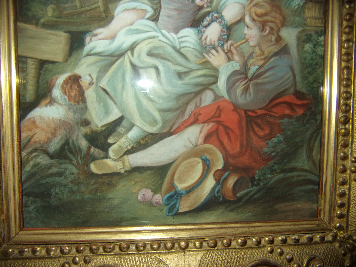 "young Flautist And Damsel With A Small Dog", Watercolor, Late 18th Century.-photo-4
