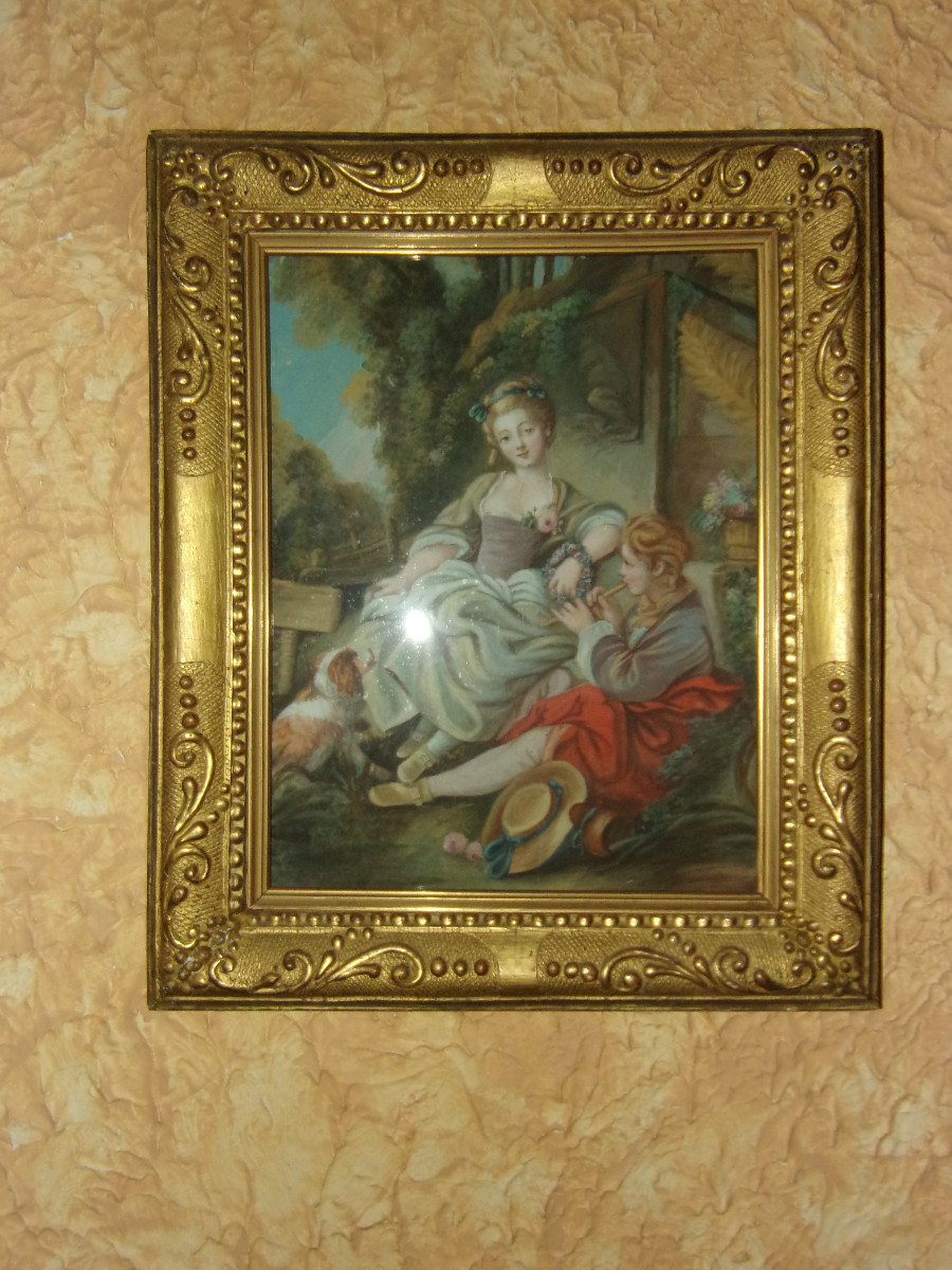 "young Flautist And Damsel With A Small Dog", Watercolor, Late 18th Century.